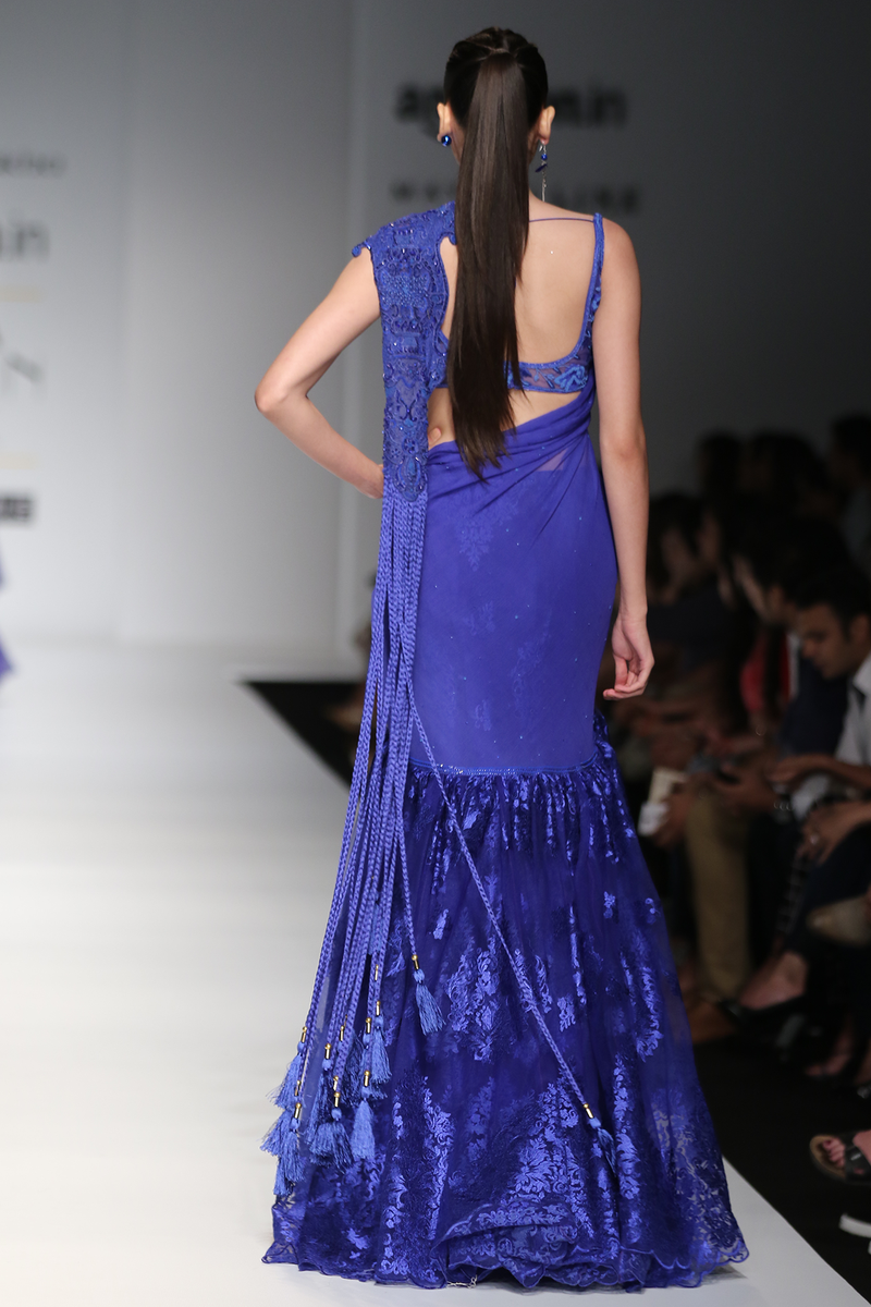 Blue Chiffon Tassles Drape W. Lace Lehenga Saree W/ Lace Crino Petticoat W/ Tot Roses Blouse