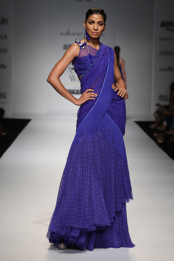 Blue Fish Lace Frill Lehenga 2 Pcs Sari W/Chiffon Drape W/One Shoulder Butter Fly Blouse Set