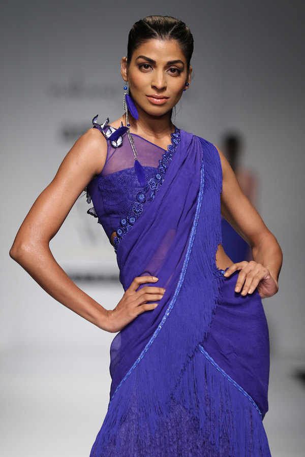 Blue Fish Lace Frill Lehenga 2 Pcs Sari W/Chiffon Drape W/One Shoulder Butter Fly Blouse Set