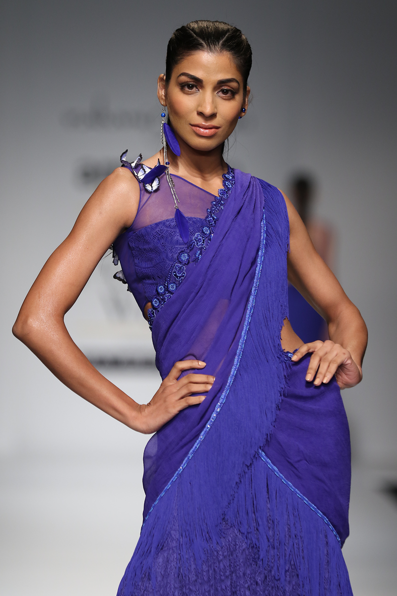 Blue Fish Lace Frill Lehenga 2 Pcs Sari W/Chiffon Drape W/One Shoulder Butter Fly Blouse Set