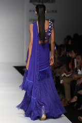 Blue Fish Lace Frill Lehenga 2 Pcs Sari W/Chiffon Drape W/One Shoulder Butter Fly Blouse Set