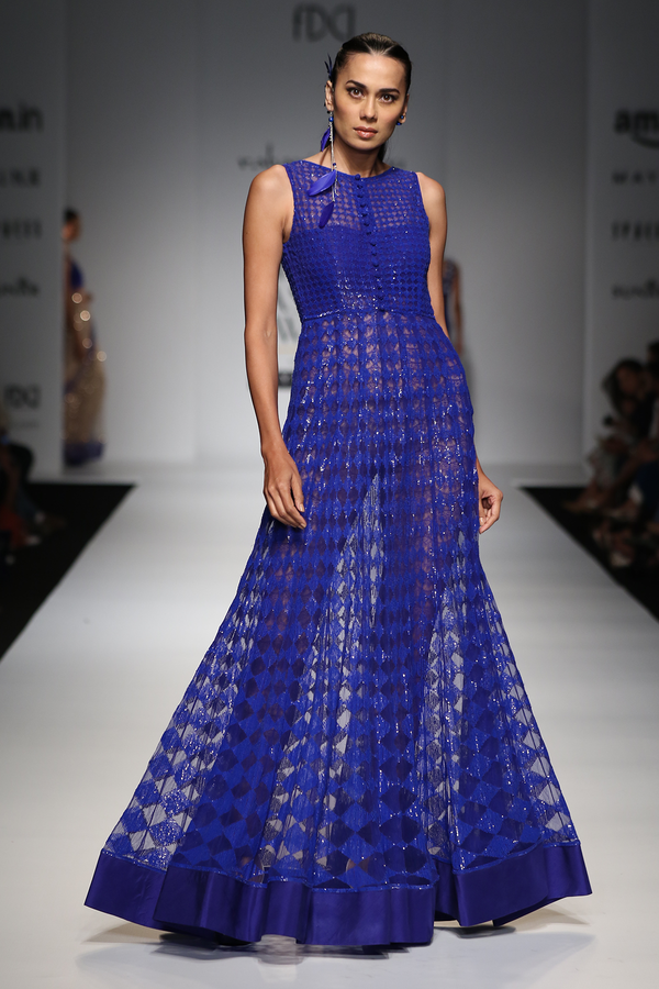 Blue Net 20 Kali Embroidered Long Gown W. Lace Fish Body Suit