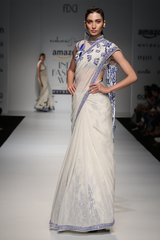 Ivory W/ Blue Embroidered Chiffon Drape W/ Tassels Sari W/Blouse W/ Lace Crino Petticoat