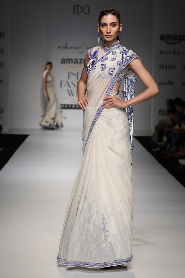 Ivory W/ Blue Embroidered Chiffon Drape W/ Tassels Sari W/Blouse W/ Lace Crino Petticoat