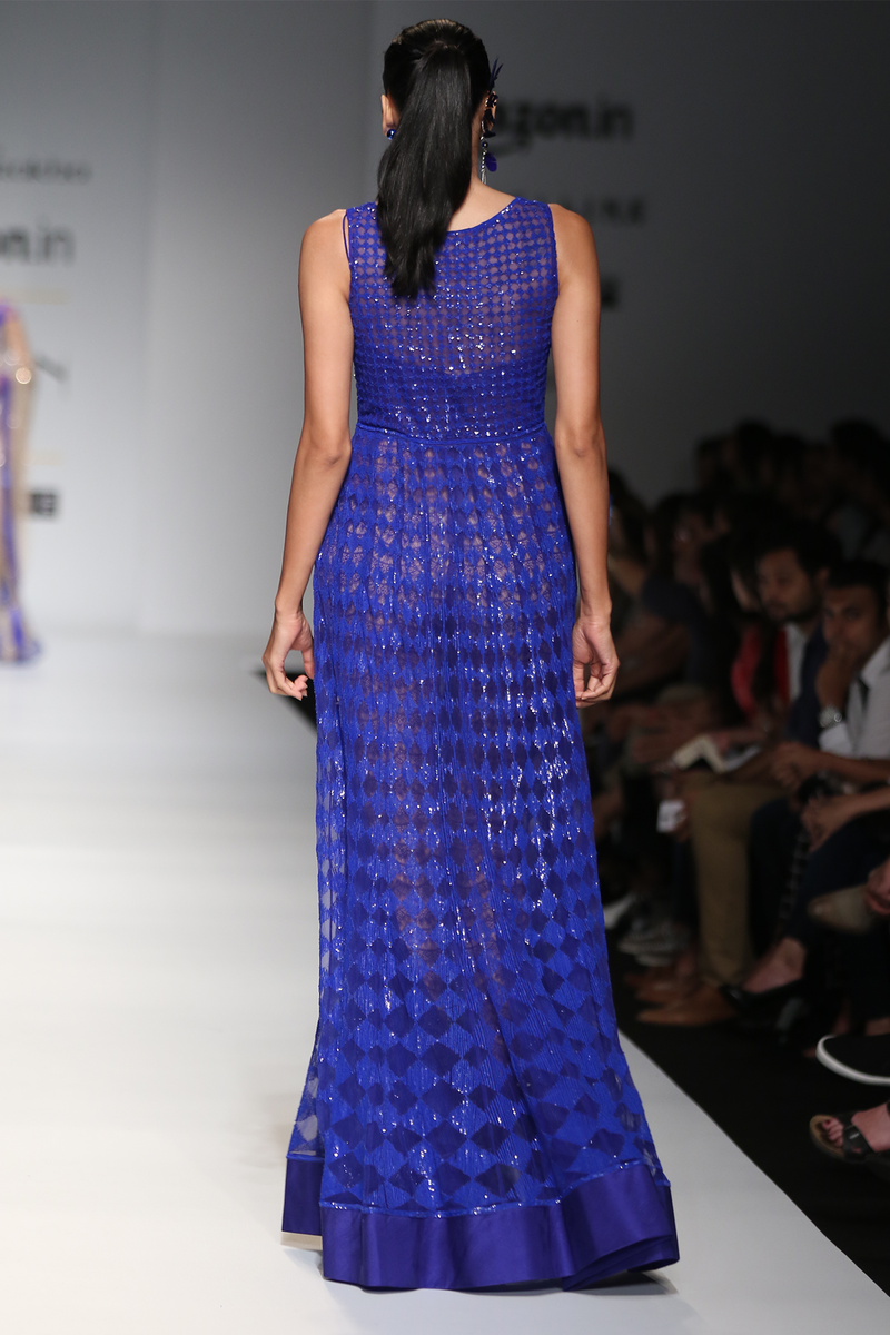 Blue Net 20 Kali Embroidered Long Gown W. Lace Fish Body Suit