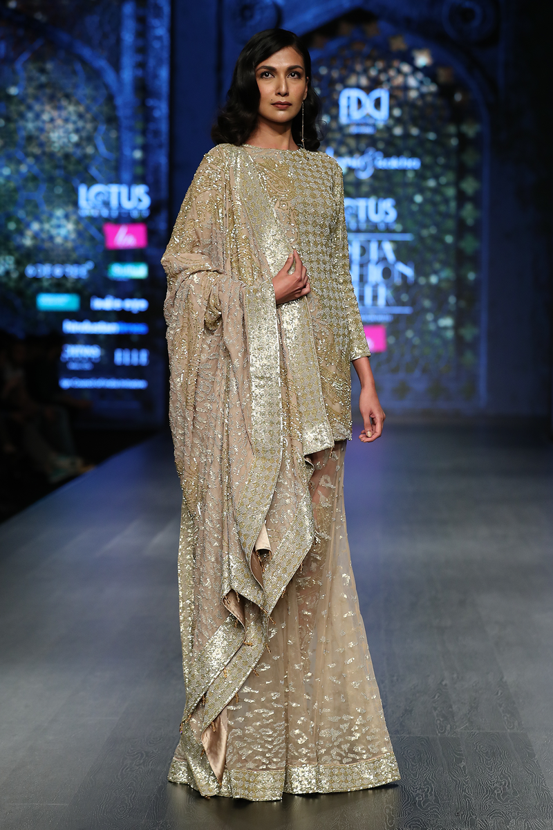 Gold Net 8 Kali A/P Burst Lehenga With Attached Churi Trouser W/Fully Embroidered Net Kurti & Chiffon Dupatta
