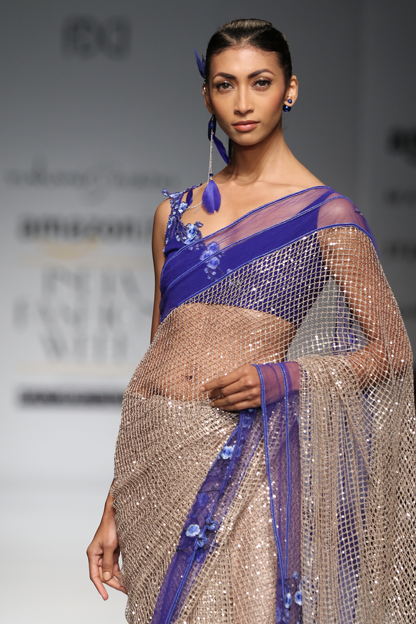 Gold Mesh W. Blue Border Sari W/ 2 Boota Blouse
