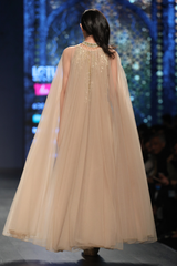 Gold Foil Georgette Fully Hand Embroidered Jumpsuit W. Net Poof Cape