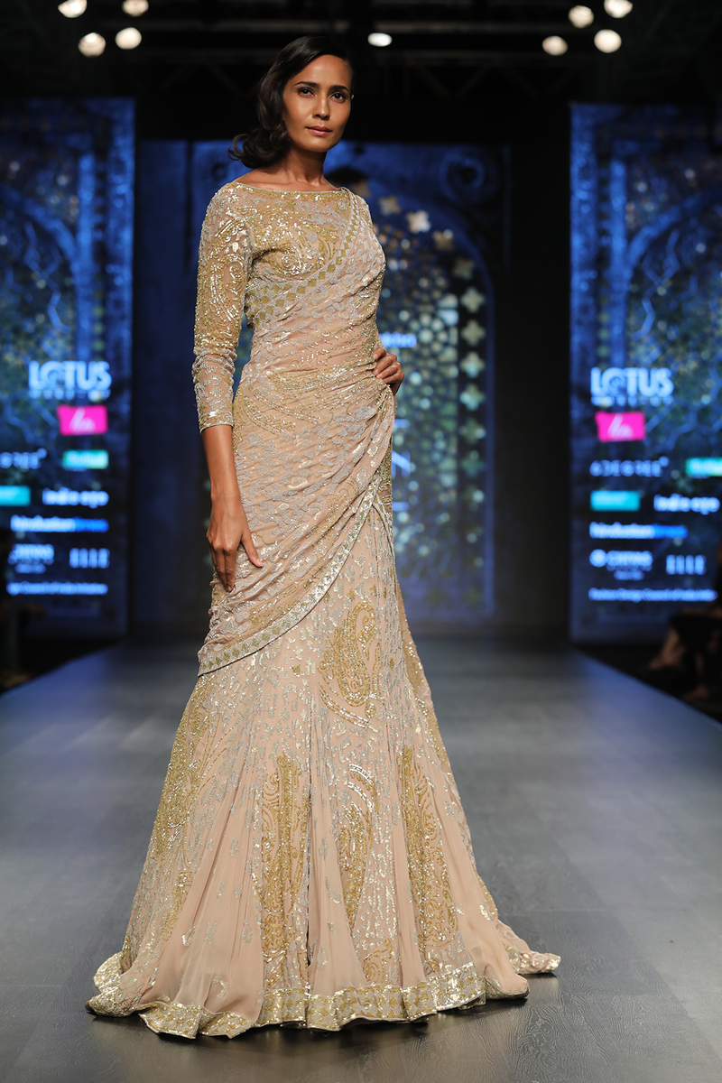 Gold Foil Georgette 6 Kali + 4 Godes Trail Lehenga W/ Net Fully Embroidered S-91 Blouse W Georgette Drape