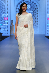 Ivory Georgette Fully Hand Embroidered Tonal Pearls/Beads Jaal Sari Set