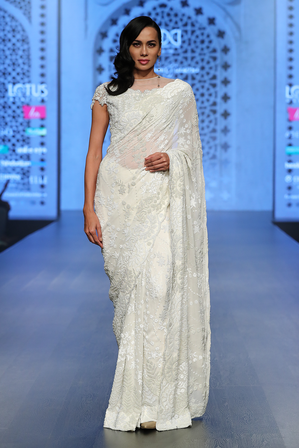 Ivory Georgette Fully Hand Embroidered Tonal Pearls/Beads Jaal Sari Set