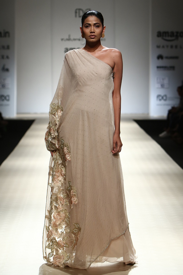 Sand Chiffon Floral One Shoulder Kaftan Gown