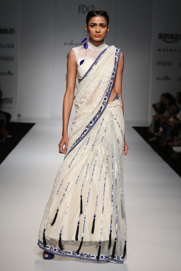 Ivory Hakoba Lace W. Net Pleats W. Tassels Work Drape Sari W. Blue Print W/ Net Jr-4  Blouse W/Lace Crino Petticoat W/ Tassles Drape