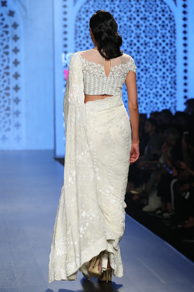 Ivory Georgette Fully Hand Embroidered Tonal Pearls/Beads Jaal Sari Set