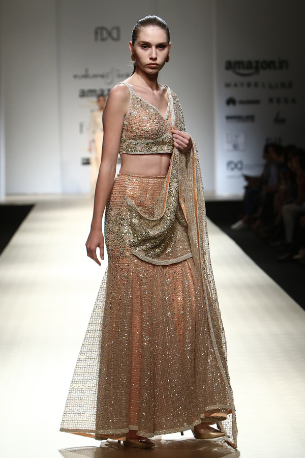 Ice Peach Fully Mesh Godes New Concept Lehenga Sari Set