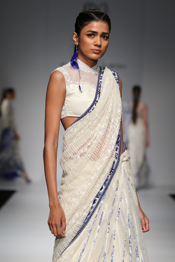 Ivory Hakoba Lace W. Net Pleats W. Tassels Work Drape Sari W. Blue Print W/ Net Jr-4  Blouse W/Lace Crino Petticoat W/ Tassles Drape