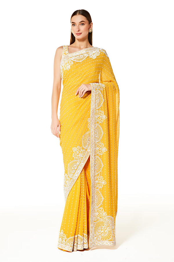 Yellow Zaynab Pearl Hand Embroidered Saree