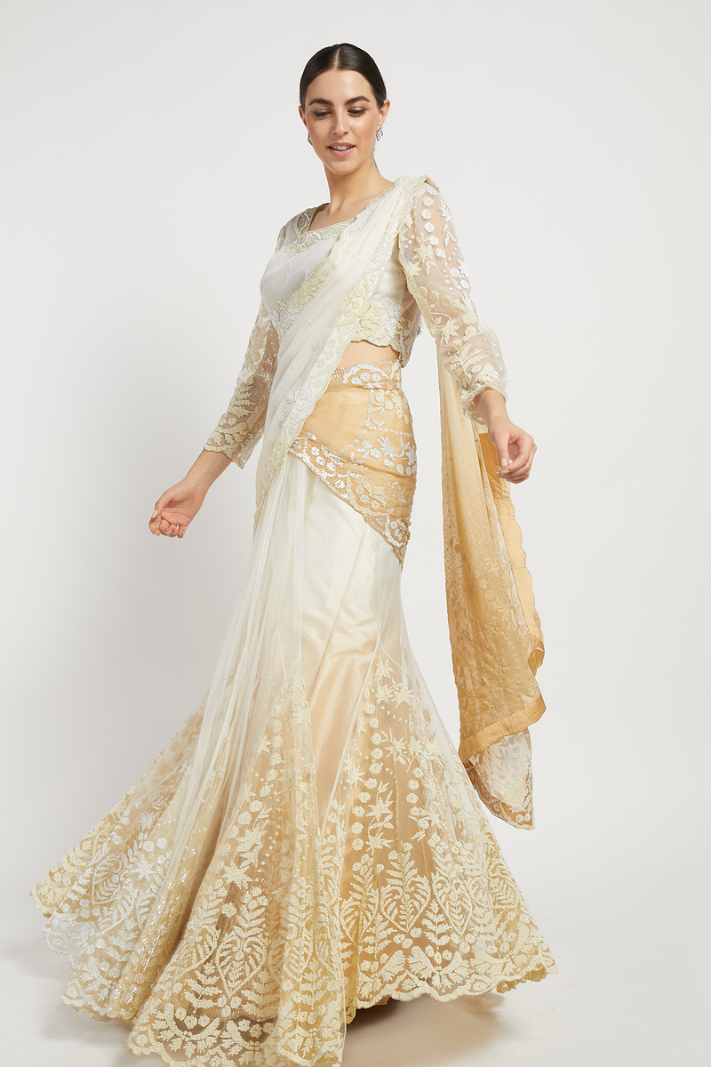 Off White Hand Embroidered Lehenga Naziha Saree Set