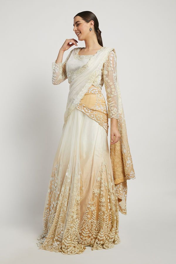 Off White Hand Embroidered Lehenga Naziha Saree Set
