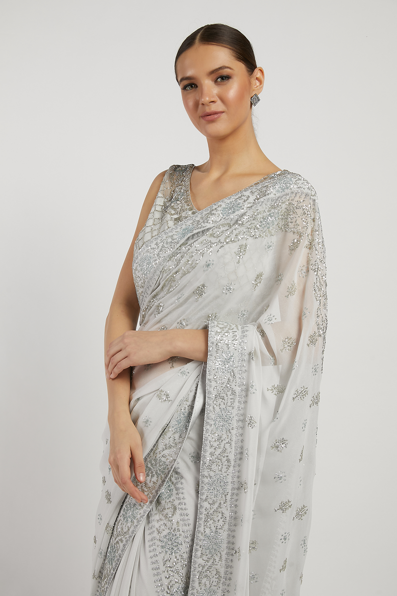 Off White Hand Embroidered Zaynab Saree Set