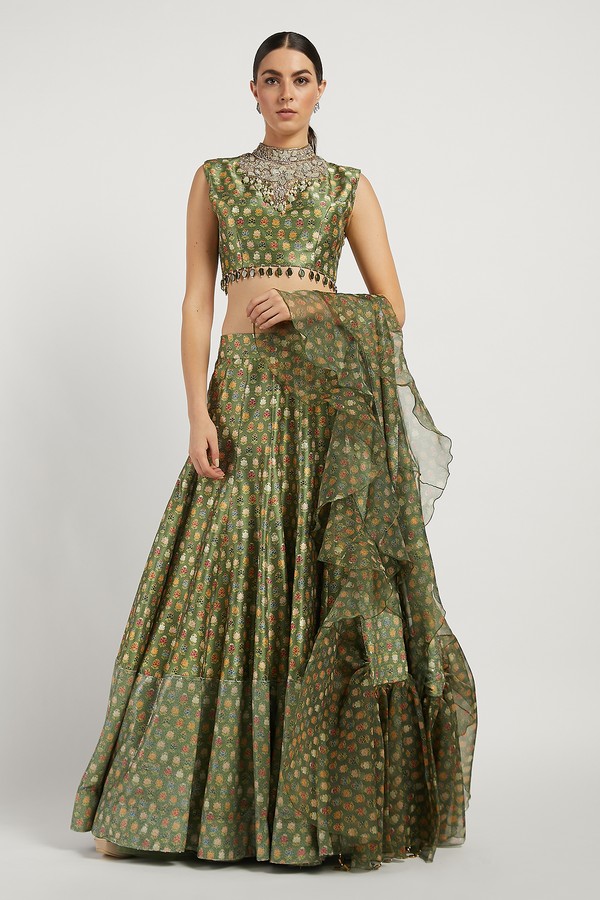 Green Printed Rabia Lehenga Set With Butti Work