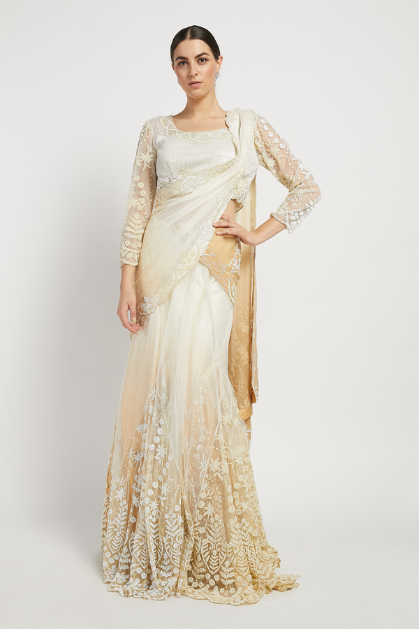 Off White Hand Embroidered Lehenga Naziha Saree Set