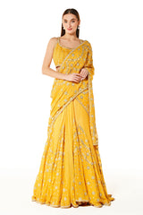 Yellow Georgette Adha Lehenga Saree With Blouse