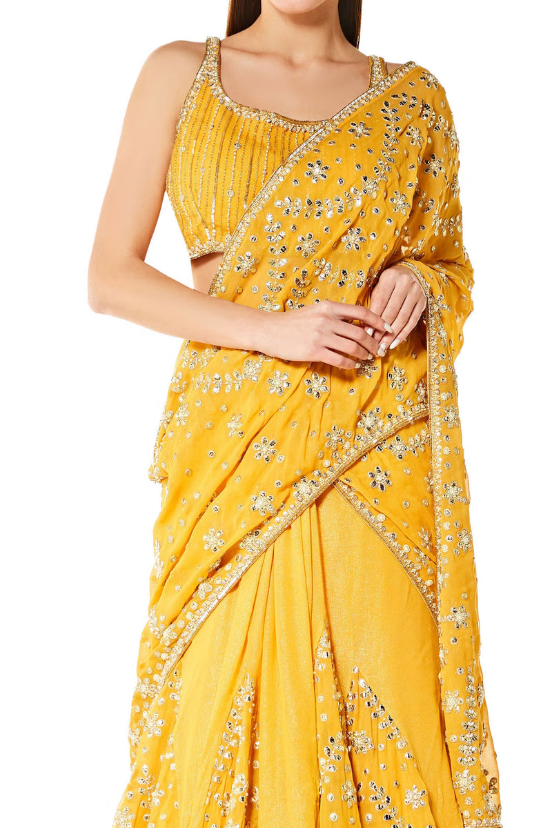 Yellow Georgette Adha Lehenga Saree With Blouse