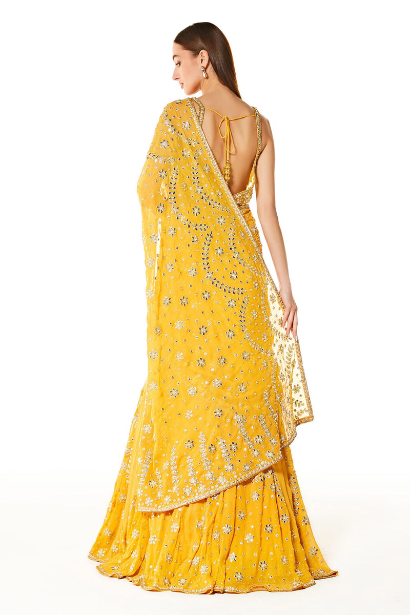 Yellow Georgette Adha Lehenga Saree With Blouse