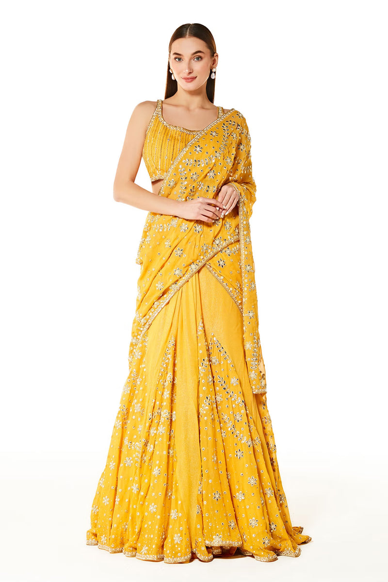 Yellow Georgette Adha Lehenga Saree With Blouse