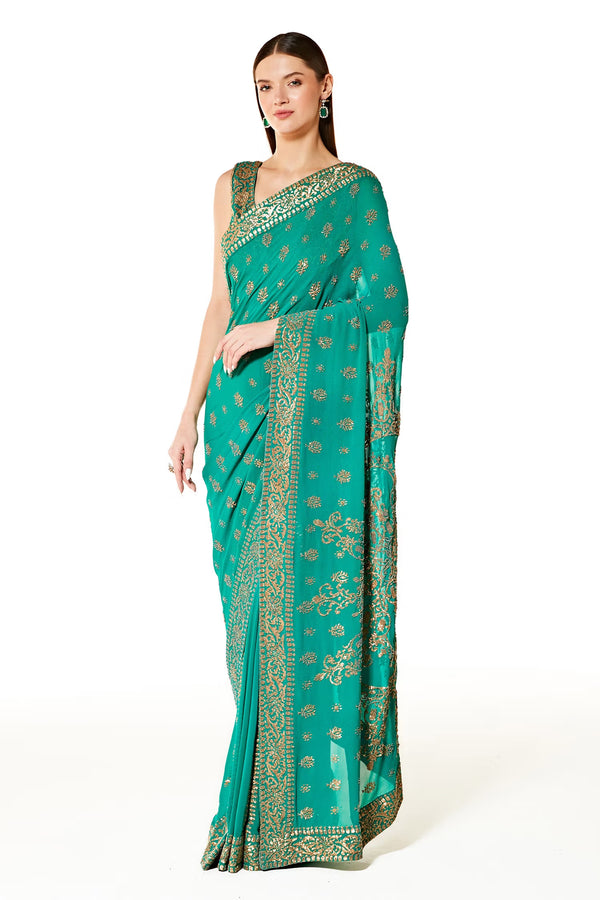 Green Georgette Zaynab Sequin Saree With Blouse