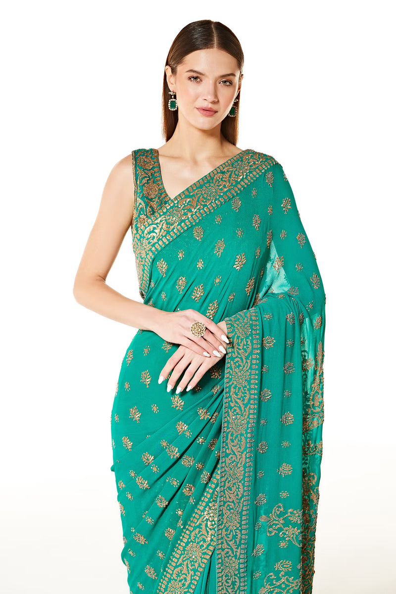 Green Georgette Zaynab Sequin Saree With Blouse