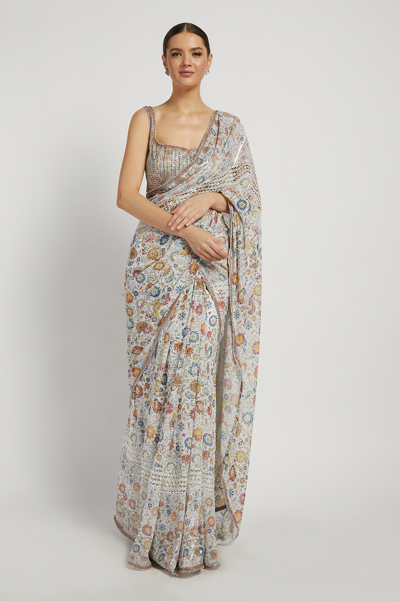 Ivory Georgette Printed Tamara Saree Set