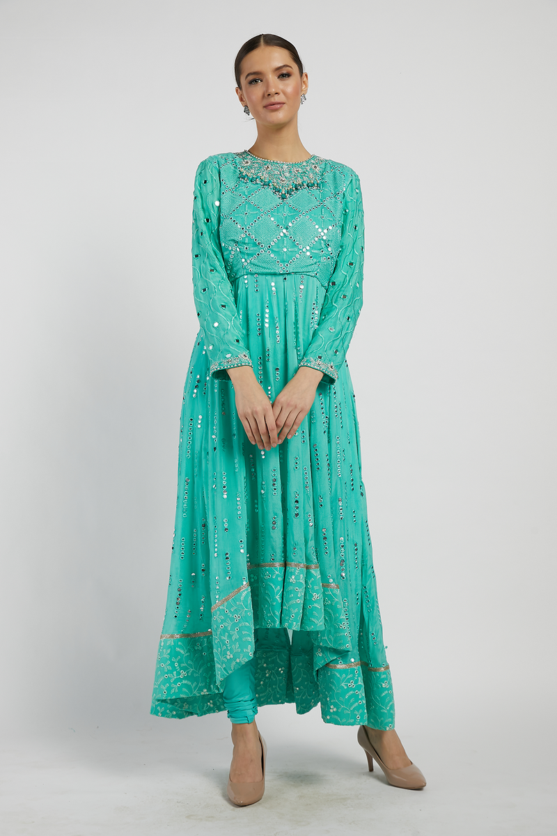 Aqua Blue Hand Embroidered Adah Anarkali Set