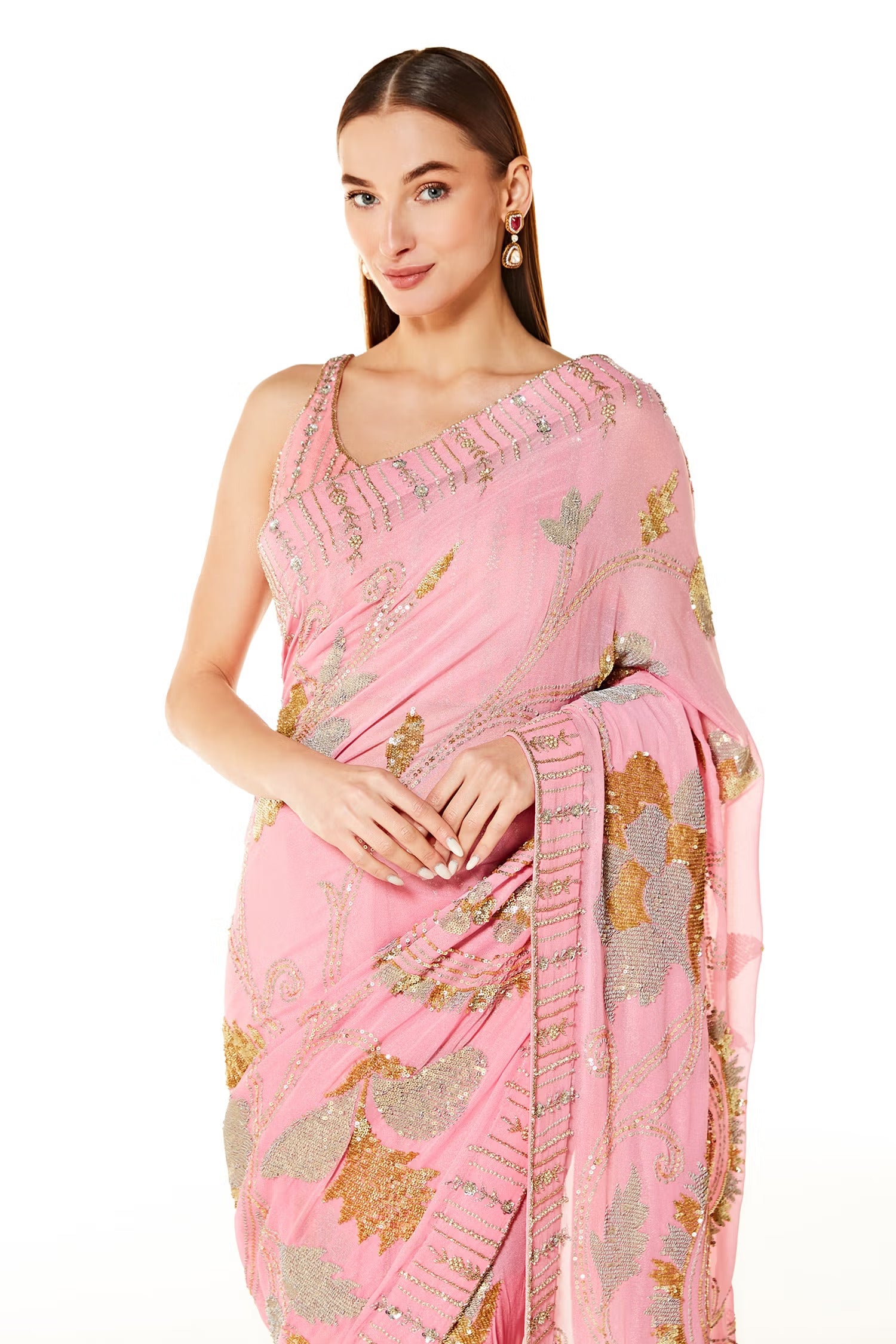 Pink Georgette Zaynab Sequin Embroidered Saree