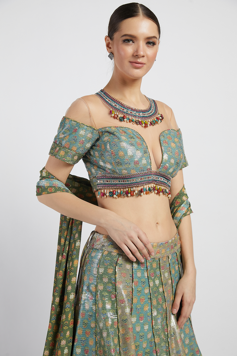 Multi Colored Printed Kalidar Rabia Lehenga Set