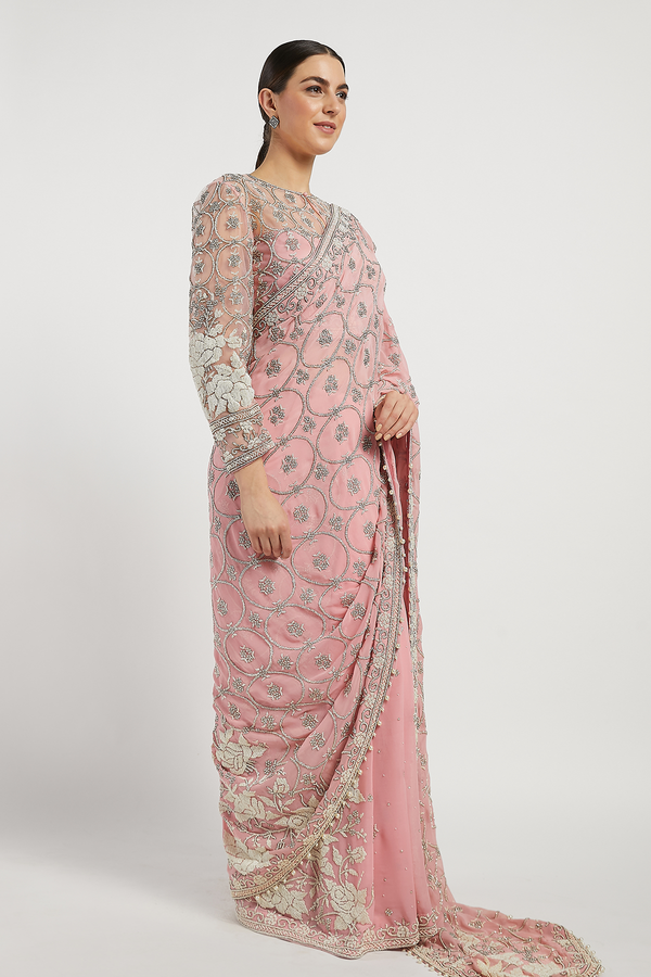 Pink Hand Embroidered Zaynab Saree Set