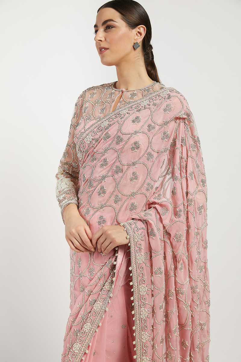 Pink Hand Embroidered Zaynab Saree Set