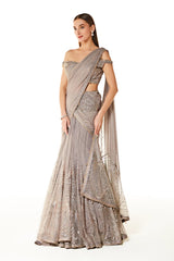 Grey Net Adha Lehenga Saree With Blouse