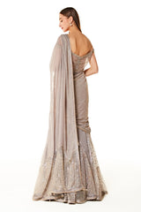 Grey Net Adha Lehenga Saree With Blouse