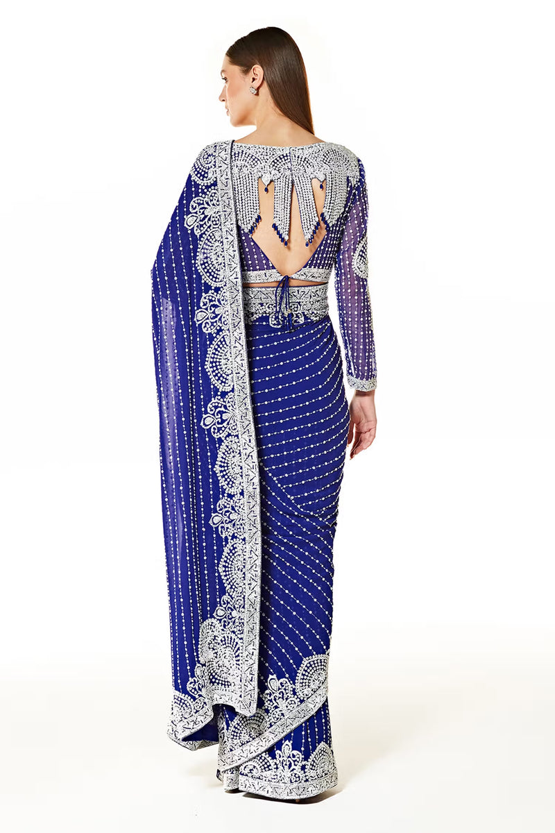 Blue Georgette Pearl Embroidered Saree