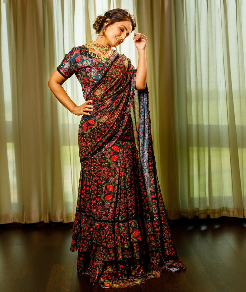 Hina Khan in Black printed ruffle saree