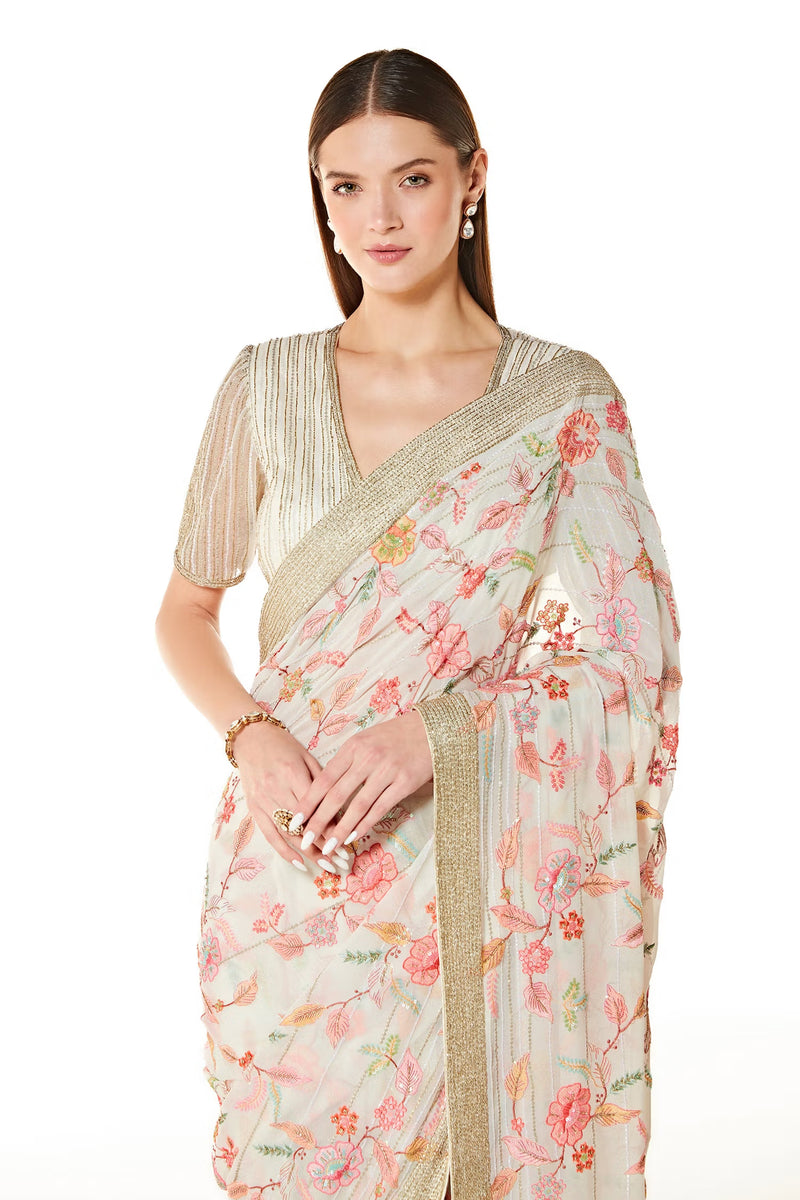 Ivory Georgette Zaynab Concept Saree With Blouse