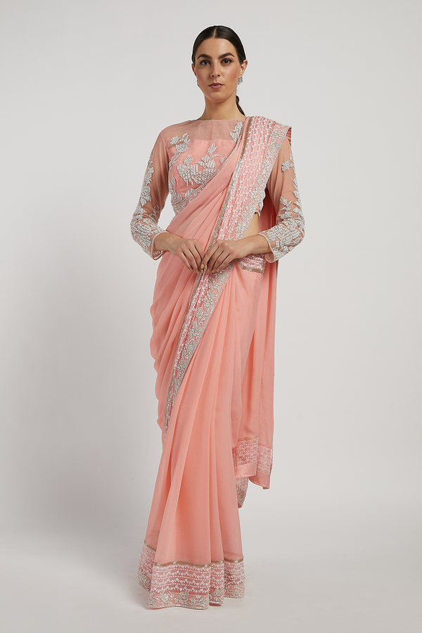 Rose Pink Hand Embroidered Zaynab Saree Set