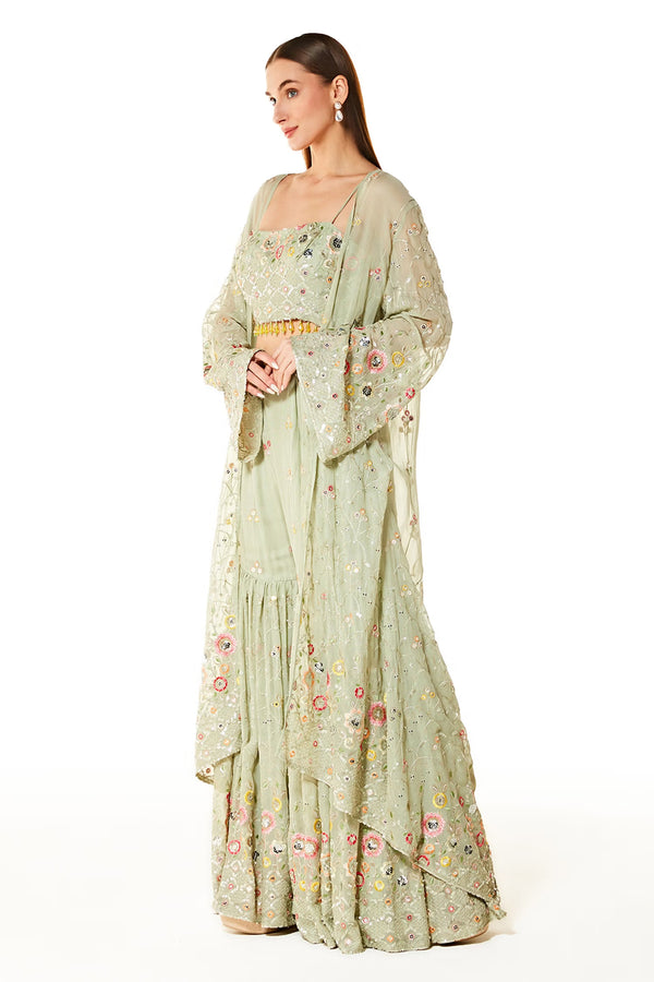 Green Georgette Alia Embroidered Jacket And Pant Set