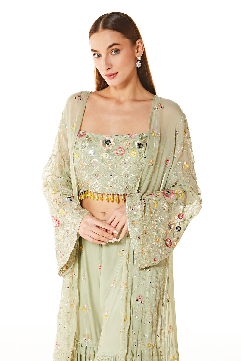 Green Georgette Alia Embroidered Jacket And Pant Set