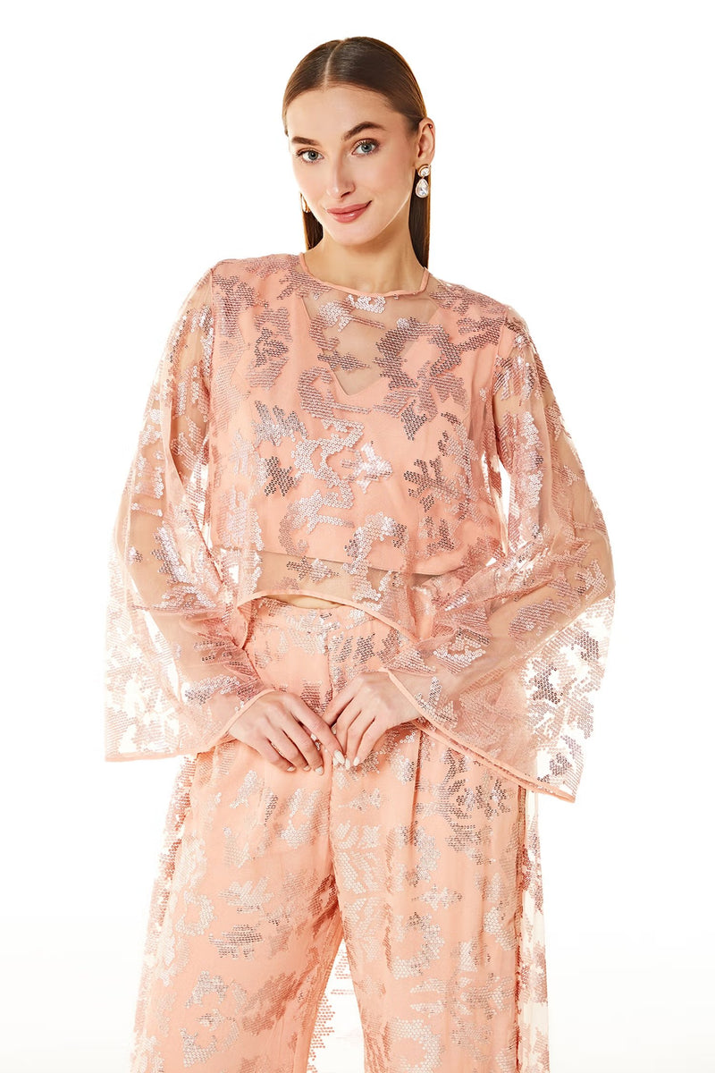 Peach Abstract Embroidered Cape And Palazzo Set