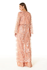 Peach Abstract Embroidered Cape And Palazzo Set