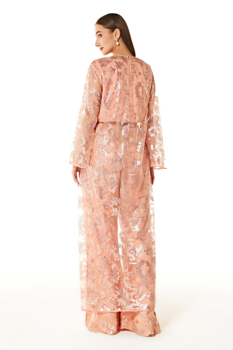 Peach Abstract Embroidered Cape And Palazzo Set