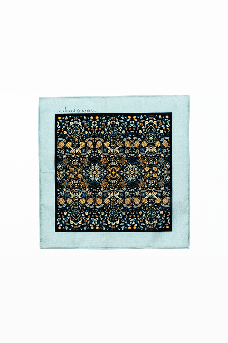 Black & Grey Mughal Garden Print Pocket Square and Mask Gift Box